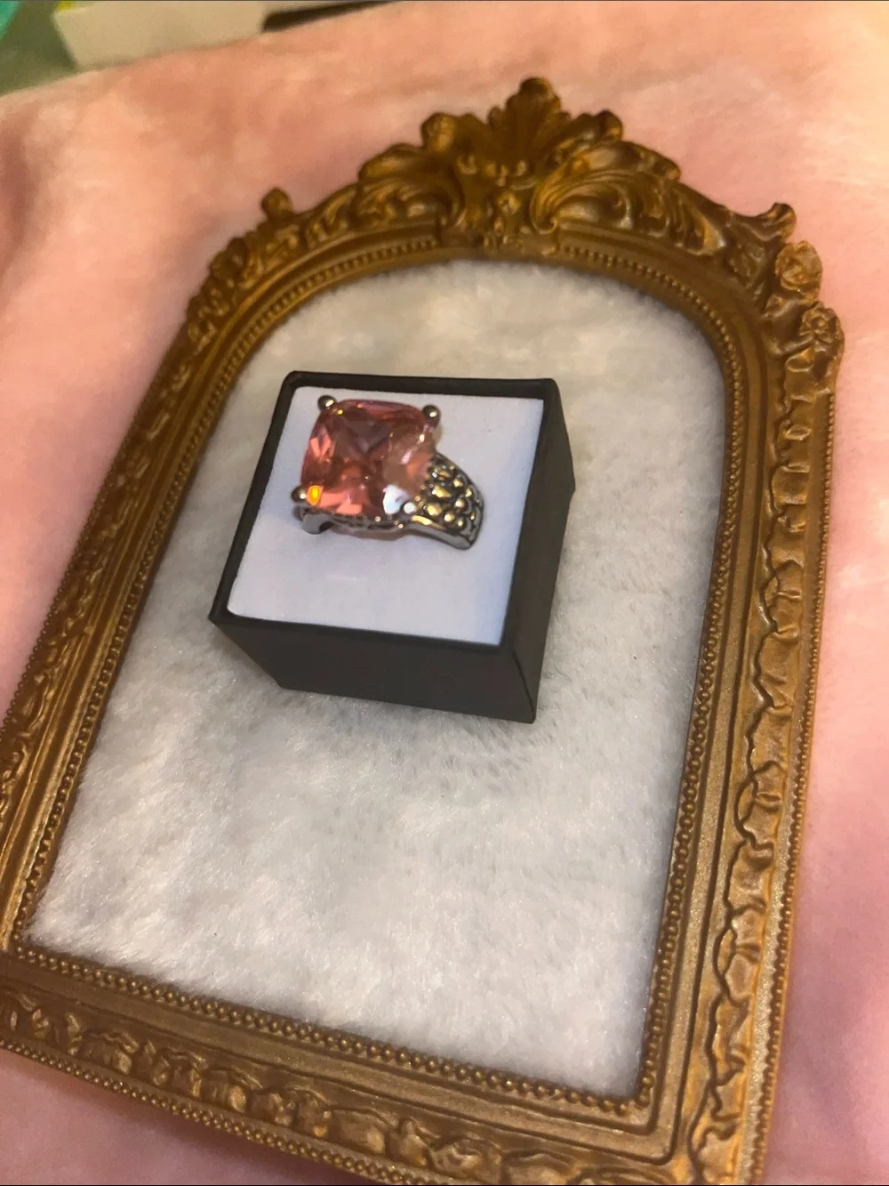 Rose Pink Cushion-Cut Ring in Dark Silver Band